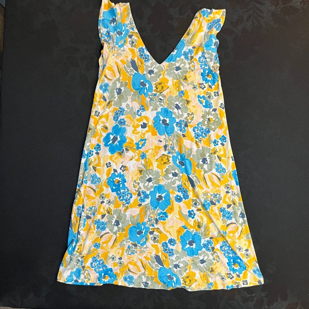 Loft Dress  Short Ruffle Sleeve V-Neck Knee Length Yellow Floral